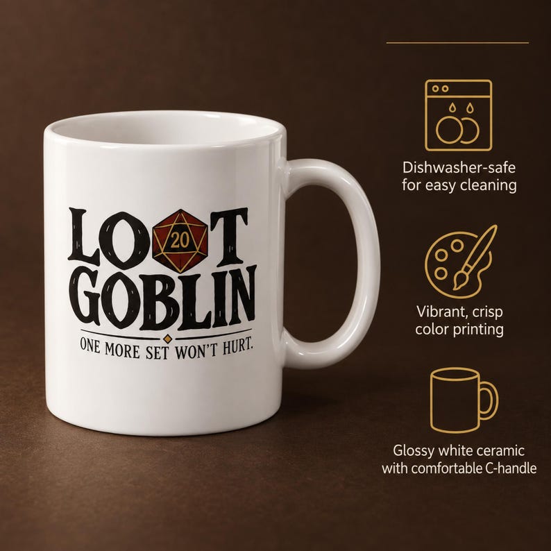 Loot Goblin Dice Hoarder Mug, Funny TTRPG Ceramic Coffee Cup for Game Night Gifts image 3