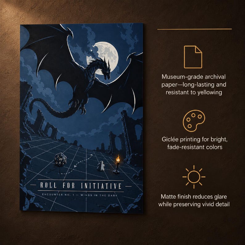 Moonlit Dragon RPG Poster, Fantasy Encounter Art, Tabletop Game Room Decor image 5