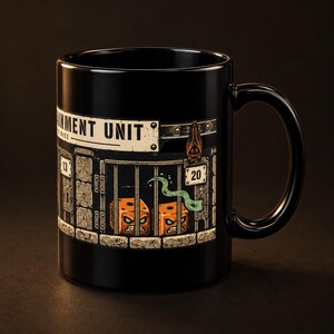 May include: A black ceramic mug featuring a graphic illustration of two orange dice with angry faces trapped behind metal prison bars. The design includes a small hanging bat, stone wall textures, and the text "INMENT UNIT" at the top.