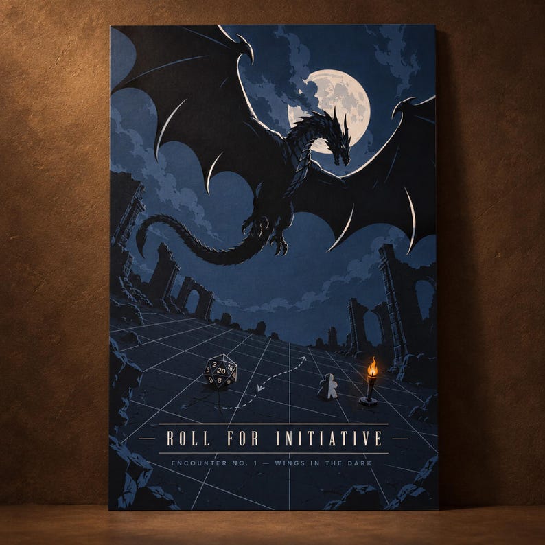 Moonlit Dragon RPG Poster, Fantasy Encounter Art, Tabletop Game Room Decor image 1