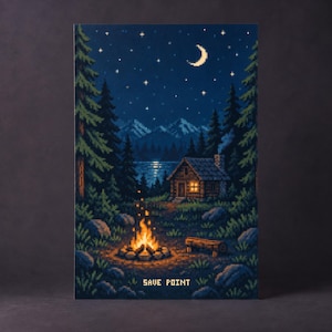 Op de afbeelding: Een pixel art print met een nachtelijk boslandschap, een gloeiend kampvuur, een kleine blokhut en een maansikkel in een sterrenhemel. De tekst "SAVE POINT" staat in witte, gepixelde letters onderaan de rechthoekige afbeelding gedrukt.