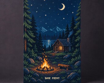Pixel Art Poster, Cozy Cabin Campfire Scene, Retro Gamer Wall Decor for Game Room