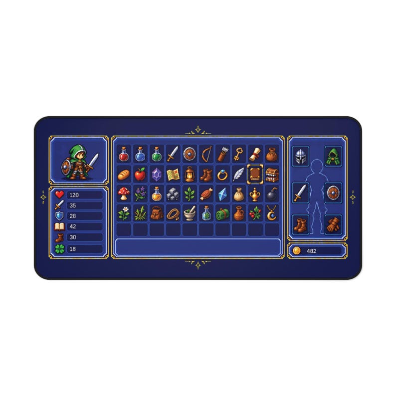 Gaming-Schreibtischunterlage, Pixel-Art-RPG-Inventarbildschirm, großes Retro-Gamer-Mauspad Bild 5