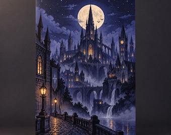 Teen Boy Room Decor, Pixel Art Gothic City Poster, Video Game Wall Art Print