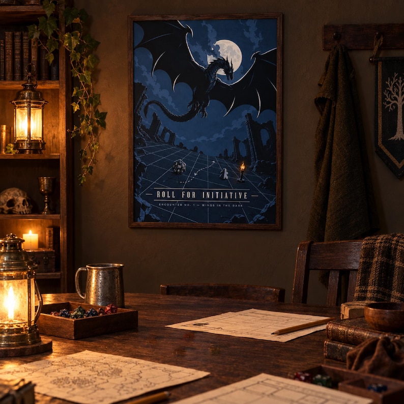 Moonlit Dragon RPG Poster, Fantasy Encounter Art, Tabletop Game Room Decor image 2