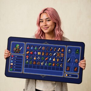 Gaming-Schreibtischunterlage, Pixel-Art-RPG-Inventarbildschirm, großes Retro-Gamer-Mauspad Bild 3