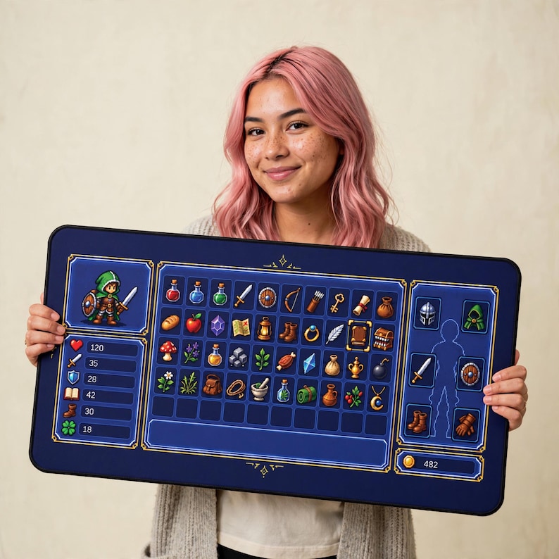 Gaming-Schreibtischunterlage, Pixel-Art-RPG-Inventarbildschirm, großes Retro-Gamer-Mauspad Bild 3