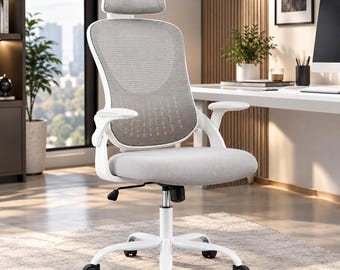 Sedia da ufficio ergonomica in rete bianca con poggiatesta, braccioli ribaltabili con supporto lombare, sedia girevole moderna per scrivania di casa