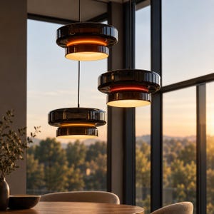 Pode incluir: Três candeeiros suspensos de vários níveis com abajures de vidro escuro e translúcido e fontes de luz internas quentes. Cada luminária apresenta um design circular empilhado suspenso por cabos pretos finos.