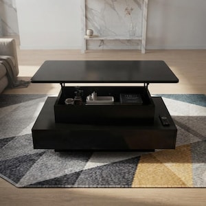 Lift Top Coffee Table, Matte Black Storage Center with Remote-Controlled LED Lights