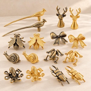 Brass Animal Cabinet Knobs, Decorative Drawer Pulls, Deer Bee Frog Octopus Beetle Bird Snail Bow, Vintage Kitchen Cabinet Hardware