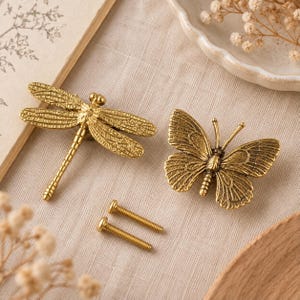 Solid Brass Butterfly Drawer Knobs, Antique Brass Dragonfly Cabinet Knobs, Vintage Insect Furniture Handles, Decorative Dresser Pulls