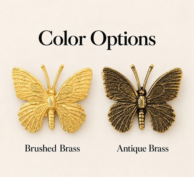 K&ouml;nnte beinhalten: Zwei schmetterlingsf&ouml;rmige Metallornamente mit dem Text Color Options oben. Der linke Schmetterling ist aus geb&uuml;rstetem Messing, der rechte aus antikem Messing. Darunter steht der Text Brushed Brass und Antique Brass.