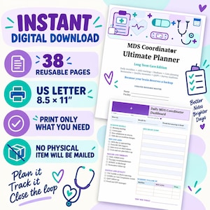 May include: A digital MDS Coordinator Ultimate Planner with 38 reusable pages in 8.5 x 11 inch US Letter format. The planner includes a daily dashboard for tracking tasks, resident follow-ups, and clinical notes, featuring medical icons and text.
