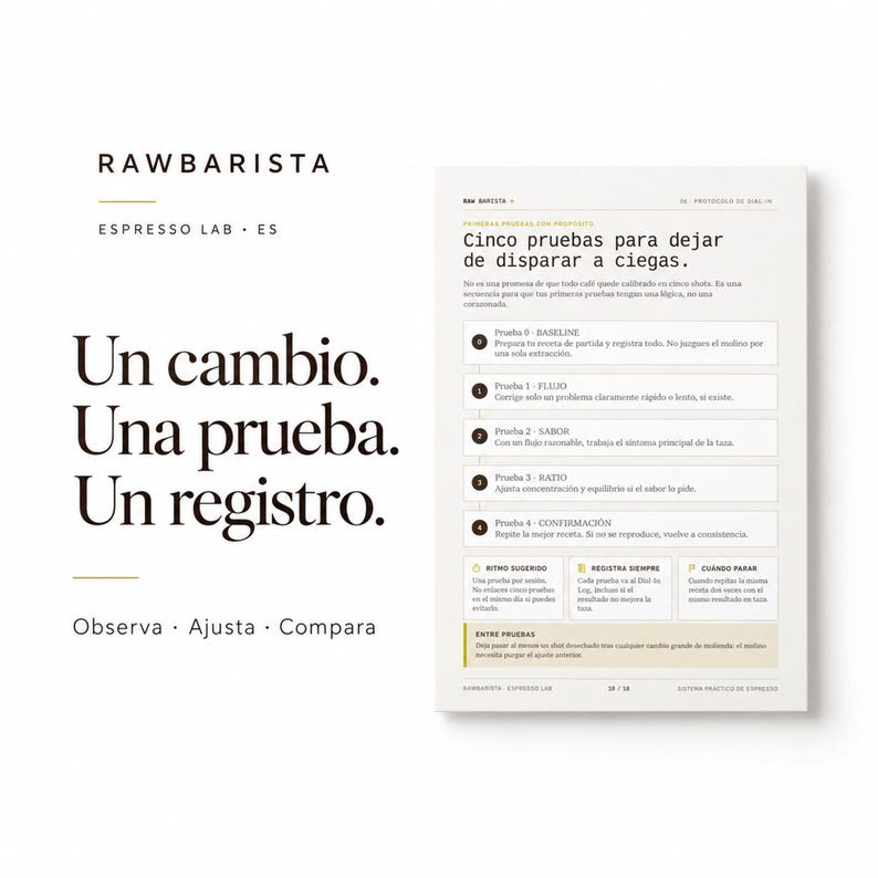 May include: A white instructional page titled RAWBARISTA ESPRESSO LAB ES with black text. The left side reads Un cambio. Una prueba. Un registro. Observa Ajusta Compara. The right side outlines a five-step espresso calibration process in Spanish.