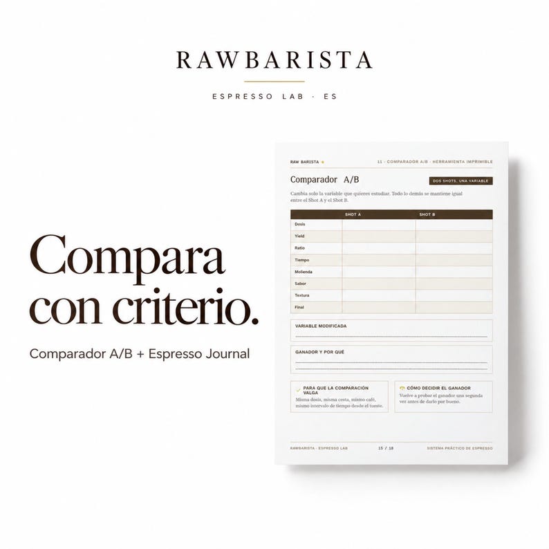 May include: A white printable A/B espresso comparison sheet with dark brown text. The document features a table for recording shot data, including dose, yield, ratio, time, grind, flavor, texture, and final notes, labeled RAW BARISTA.