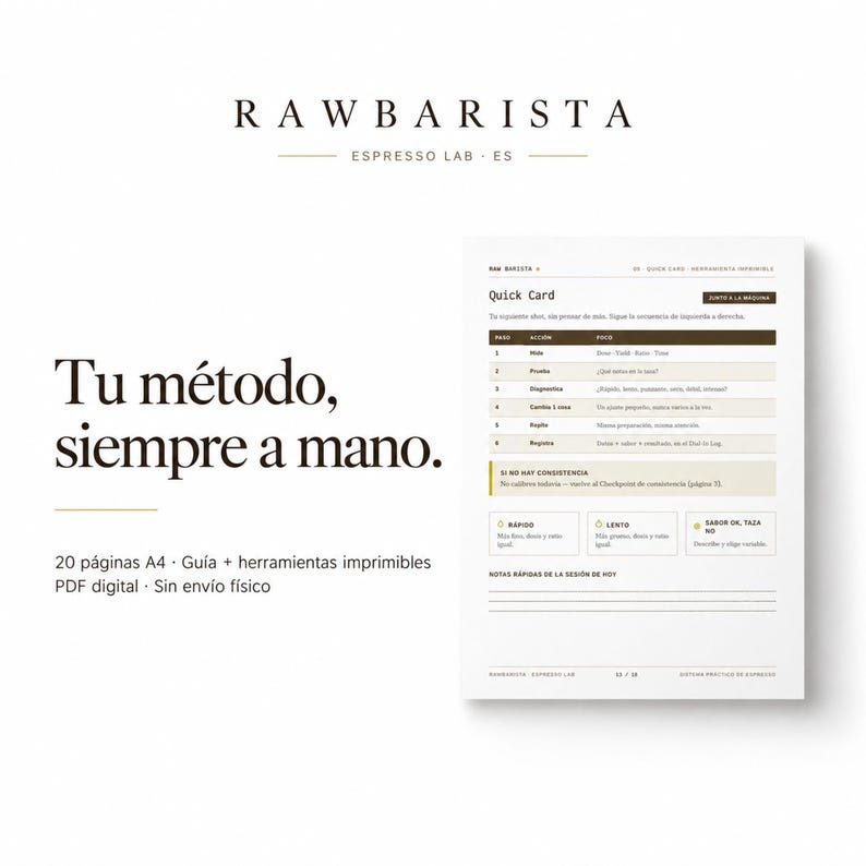 May include: A digital PDF guide titled RAWBARISTA ESPRESSO LAB featuring a Quick Card with a six-step espresso brewing process table. The text reads Tu m&eacute;todo, siempre a mano and 20 p&aacute;ginas A4. The document includes sections for notes and consistency checks.