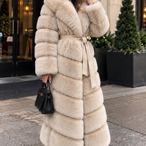 Luxury Faux Fur Coat: Full-Length Hooded, Belted Winter Outerwear