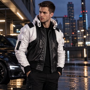 May include: A black and white jacket featuring a high collar, long sleeves with circular white accents, and a front zipper closure. The garment has a structured design with black panels on the chest and white panels on the sleeves and shoulders.