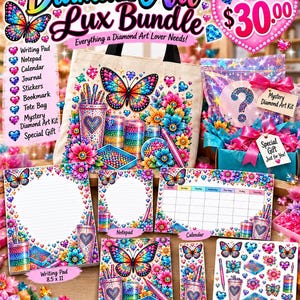 Könnte beinhalten: Ein Diamond Art Lux-Set mit einer Tragetasche, einem Schreibblock, Notizblock, Kalender, Tagebuch, Aufklebern und einem Lesezeichen, verziert mit bunten Schmetterlings- und Blumenmotiven. Das Set enthält ein Überraschungsset und ein Geschenk.