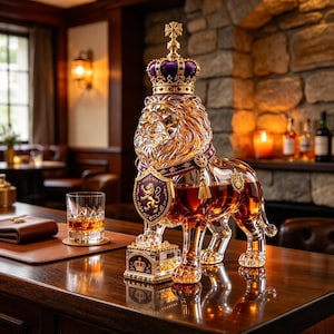 Peut inclure: Une carafe en verre transparent en forme de lion debout, remplie d'un liquide ambré. Le lion porte une couronne dorée avec du velours violet, un collier violet à pompons dorés et un écusson violet avec un emblème de lion doré.