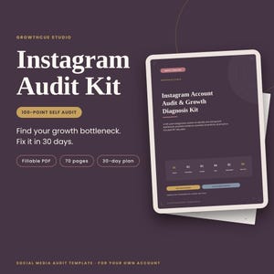 Op de afbeelding: Een donkerpaars digitaal Instagram Audit Kit document met de tekst Growthcue Studio, Instagram Audit Kit, 100-point self audit, find your growth bottleneck, fix it in 30 days, fillable PDF, 70 pages en 30-day plan.