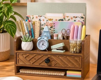 Wooden Desk Organizer with Drawer, Brown Desktop Mail Sorter, Office Supply Holder, File and Paper Storage, Countertop Organizer