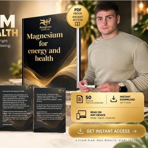 May include: A digital guide titled Magnesium for Energy and Health, featuring a black cover with gold text and wave graphics. The display includes a table of contents, informational text panels, and icons for energy, sleep, and stress reduction.