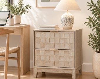 Oak Finish Nightstand with Charging Station, 2 Drawers, Mid Century Modern Bedside Table