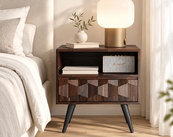Mid Century Modern End Table - Solid Acacia Wood Nightstand in Geometric Walnut