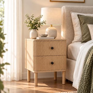May include: A light wood nightstand featuring two drawers with a vertical fluted texture and small black circular knobs. The nightstand is supported by four cylindrical legs and provides a surface for a ceramic lamp, a small bowl, and a vase.