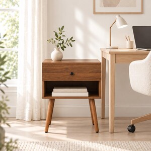 May include: A wooden nightstand featuring a single drawer with a small black knob, an open storage shelf below containing two stacked books, and four tapered legs. A small ceramic vase with green foliage sits on the top surface of the nightstand.
