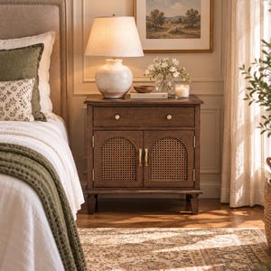 Walnut End Table with Rattan Cabinet Doors, Charging Station, Traditional Side Table
