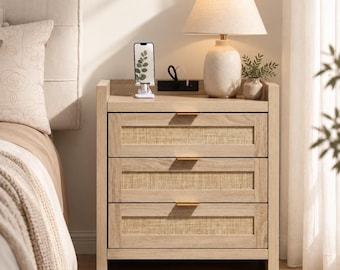 Rattan Nightstand with Charging Station, 3-Drawer Oak Bedside Cabinet, Wood End Table (Boho Style)