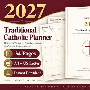 Könnte beinhalten: Ein traditioneller katholischer Planer für 2027 mit 34 Seiten in A4 und US Letter. Das Cover zeigt den Text 2027 Traditional Catholic Planner, ein Kreuzsymbol und den Schriftzug Anno Domini. Enthält Seiten für monatliche Planung und Tracker.