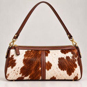 Puede incluir: Un bolso de hombro rectangular con un patrón de piel de vaca marrón y blanco en el panel frontal. El bolso está acentuado con ribetes de cuero marrón liso, un cierre de cremallera superior y una sola asa de cuero marrón.