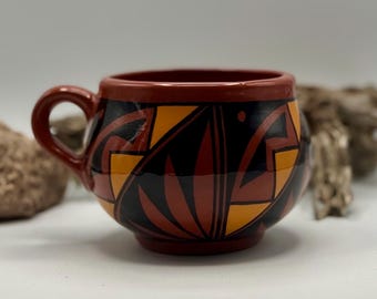 Marcus Garcia Acoma Pueblo Art Pottery Mug Coiled Native American Geometric Polychrome Hand Painted Signed New Mexico Ceramic Coffee Cup