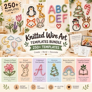 Könnte beinhalten: Ein digitales Set mit über 250 Vorlagen für Strickdrahtkunst, darunter Blumen, Tiere, Buchstaben, Weihnachtsmotive und Kinderzimmerdekorationen. Das Paket enthält einen vollständigen Kurs, druckbare PDFs und Formate in A4.