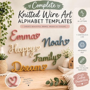 Può includere: Modelli completi di alfabeto in filo lavorato a maglia con le parole in corsivo Emma, Happy, Family e Dream in filato rosa, crema, verde e giallo. Include una barra laterale con icone per lettere A-Z, linea continua, PDF e modelli facili.