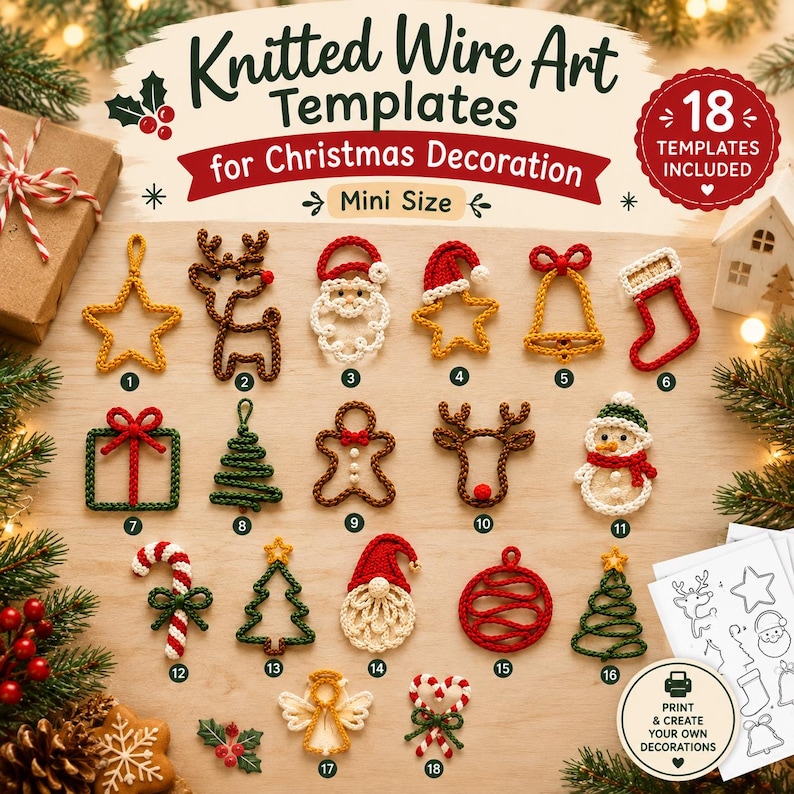 Mini stickade trådkonst-julmallar, juldekorationsmönster, I-Cord jul-DIY, utskrivbar trådpyssel i PDF-format bild 1