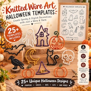 May include: Knitted wire art Halloween templates featuring 25+ designs including ghosts, pumpkins, bats, cats, and skulls. The set includes a framed guide with line drawings of spooky icons and various finished wire shapes in orange, black, white, and purple.