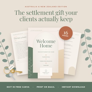 May include: A 16-page settlement day guide template titled Welcome Home, featuring a cream background with sage green and tan accents. The document includes checklists for new homeowners, a customizable cover page, and a small gold key ring.