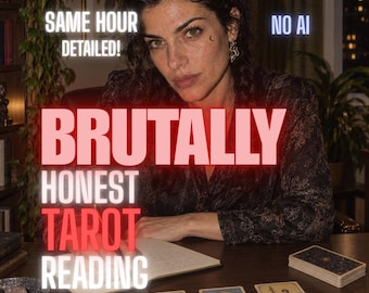 May include: A person with dark curly hair sits at a desk with three tarot cards laid out, a deck of cards, and an open notebook. Text overlays read: SAME HOUR DETAILED!, NO AI, and BRUTALLY HONEST TAROT READING in large red and white letters.