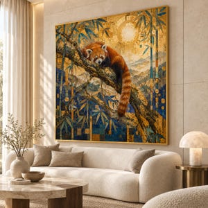 Op de afbeelding: Een vierkant wandkunstwerk met een rode panda die op een boomtak rust. De achtergrond toont een gouden landschap met blauwe bamboestengels en geometrische patronen. Het kunstwerk is ingelijst in een dunne gouden rand en gebruikt een palet van goud-, blauw- en oranjetinten.