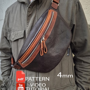 Peut inclure: Un sac bandoulière en cuir marron foncé avec une bordure en cuir beige, des fermetures éclair en métal argenté et deux tirettes en cuir. Le texte 4mm, PDF PATTERN et YouTube VIDEO TUTORIAL est imprimé sur la partie inférieure de l'image.
