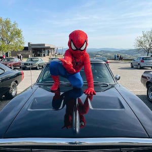 May include: A person wearing a red and blue Spiderman costume with a full-face mask, crouching on the hood of a shiny black car. The costume features a black web pattern across the red sections, a black spider emblem on the chest, and blue pants.