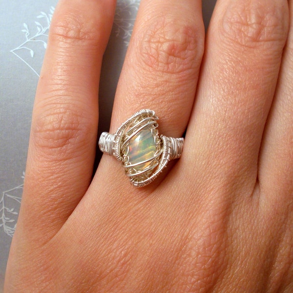 Ethiopian Opal Marquise Silver Ring, Sterling Silver Wire Wrapped Ring