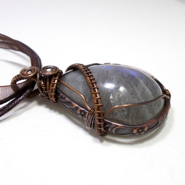 Teardrop Labradorite Copper Pendant Necklace,  Wire Wrapped Jewlery