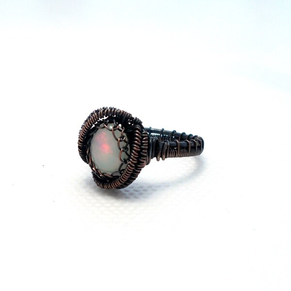 Ethiopian opal ring, oval opal ring, wire wrapped opal ring, copper opal ring, natural gemstone ring, rustic ring