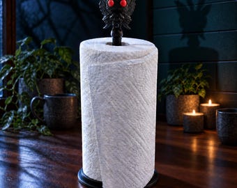 Mothman Paper Towel Holder – Black 3D Printed Stand with Cryptid Topper